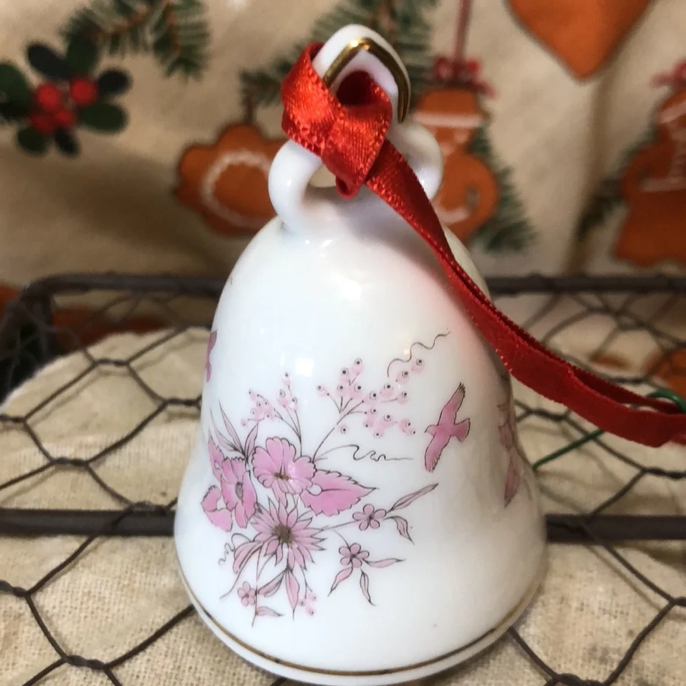 German Kronach (West Germany) Porcelain Pink Floral & Bird Bell w 22K Gold...